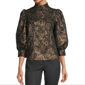 Worthington womens 3/4 sleeve mock neck floral blouse black and gold large